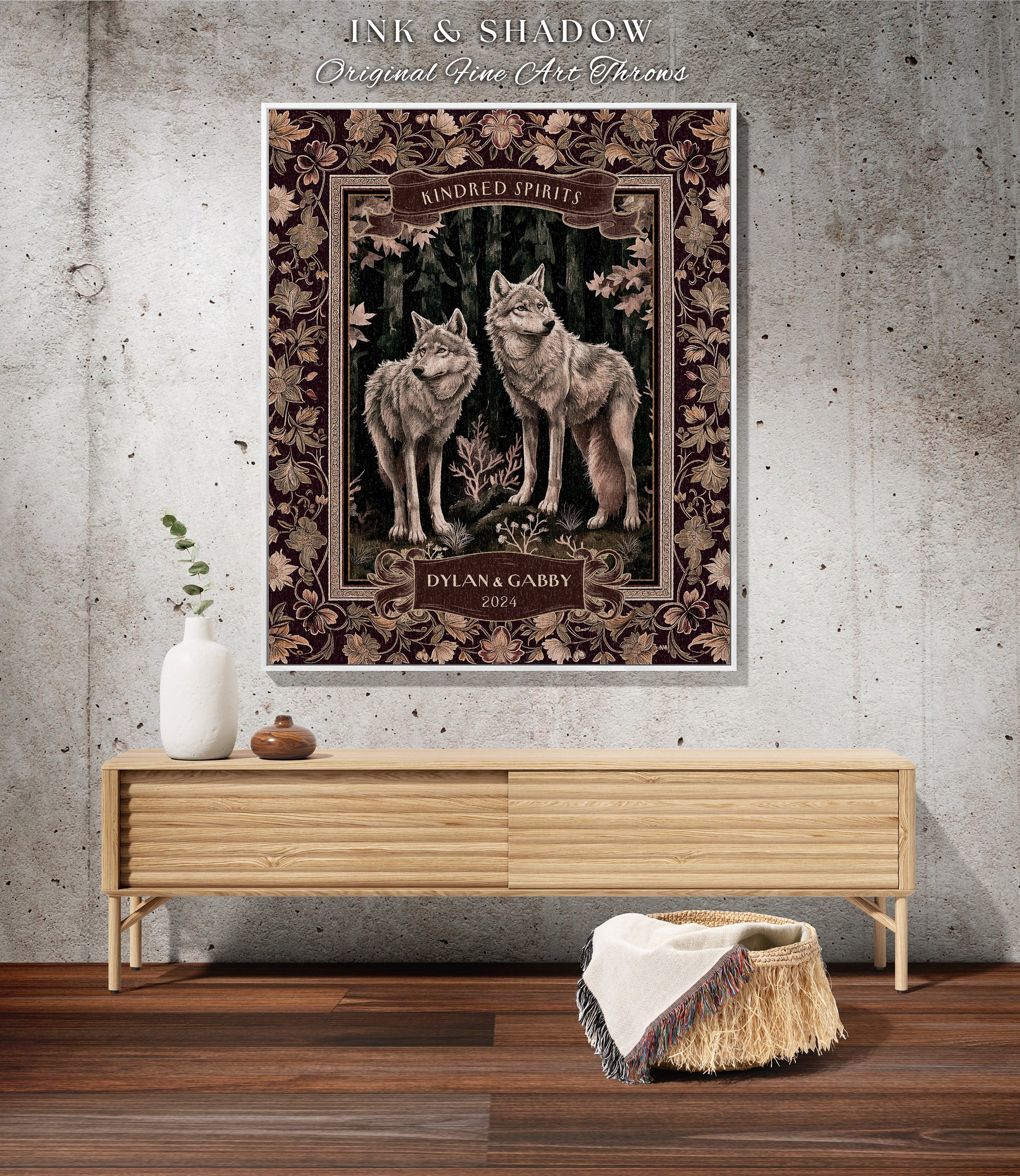 Mystic Woodland Wolf Couple Tapestry | Personalized Anniversary Meaningful Throw Blanket Dark Cottagecore Gift Outdoorsy Couple Cute Custom