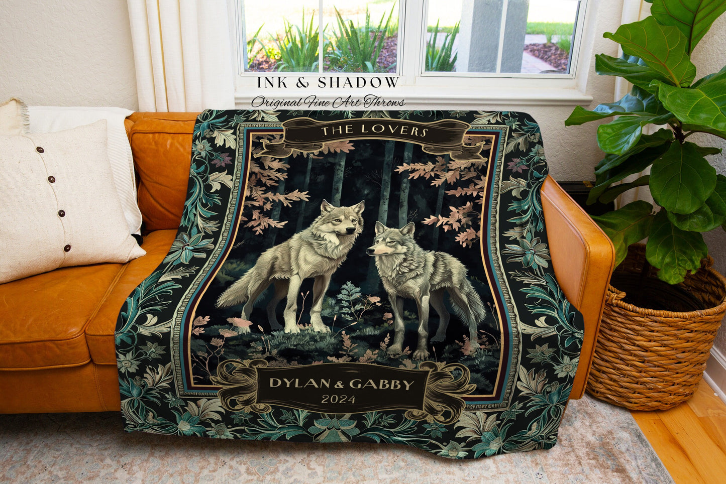 Enchanted Forest Wolf Couple Custom Blanket | Witchy Woodland Wolf Couple Throw Dark Floral Aesthetic Cozy Relationship Gothic Couple Gifts