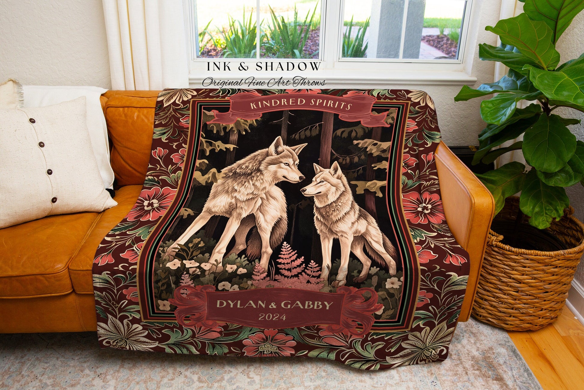 Burgundy Wedding Blanket Custom Wolf Couple | Woven Wedding Tapestry Cottagecore Throw Sentimental Cozy Aesthetic Woodland Gothic Couple |