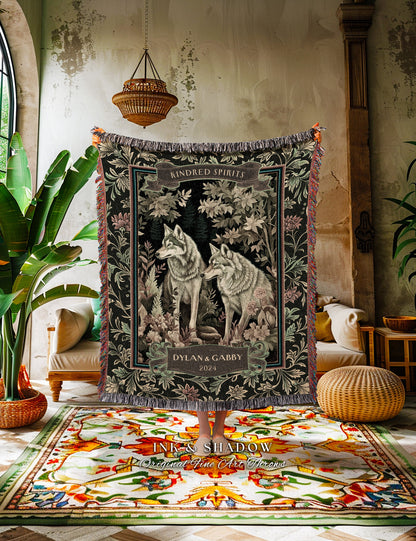 Cozy Wolf Couple Personalized Throw Blanket | Dark Woodland Wolf Lovers Throw Dark Floral Aesthetic Anniversary Relationship Gothic Forest |