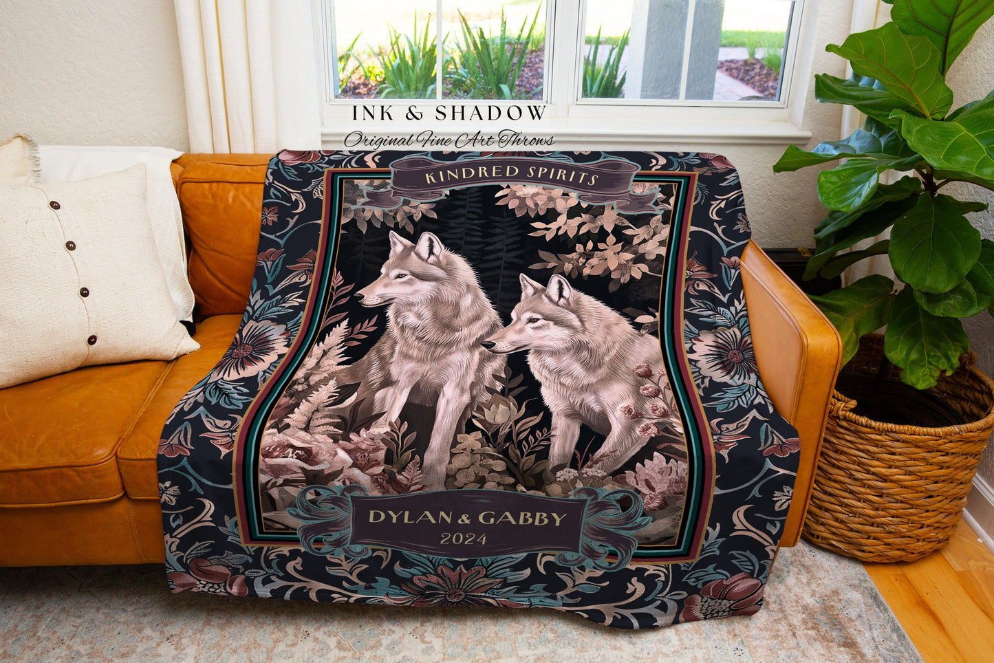 Woven Cotton Anniversary Blanket Custom | Ethereal Woodland Wolf Couple Throw Dark Cottagecore Aesthetic Cozy Woodland Gothic Couple Gift |