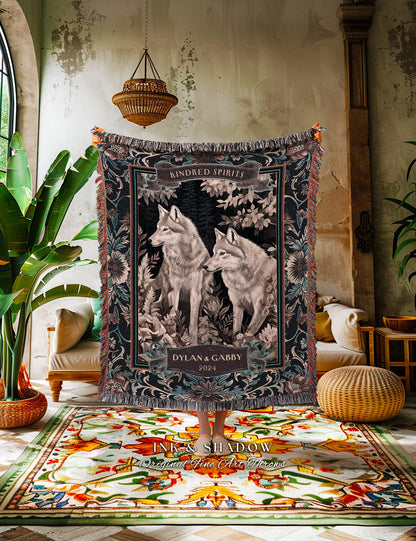 Woven Cotton Anniversary Blanket Custom | Ethereal Woodland Wolf Couple Throw Dark Cottagecore Aesthetic Cozy Woodland Gothic Couple Gift |