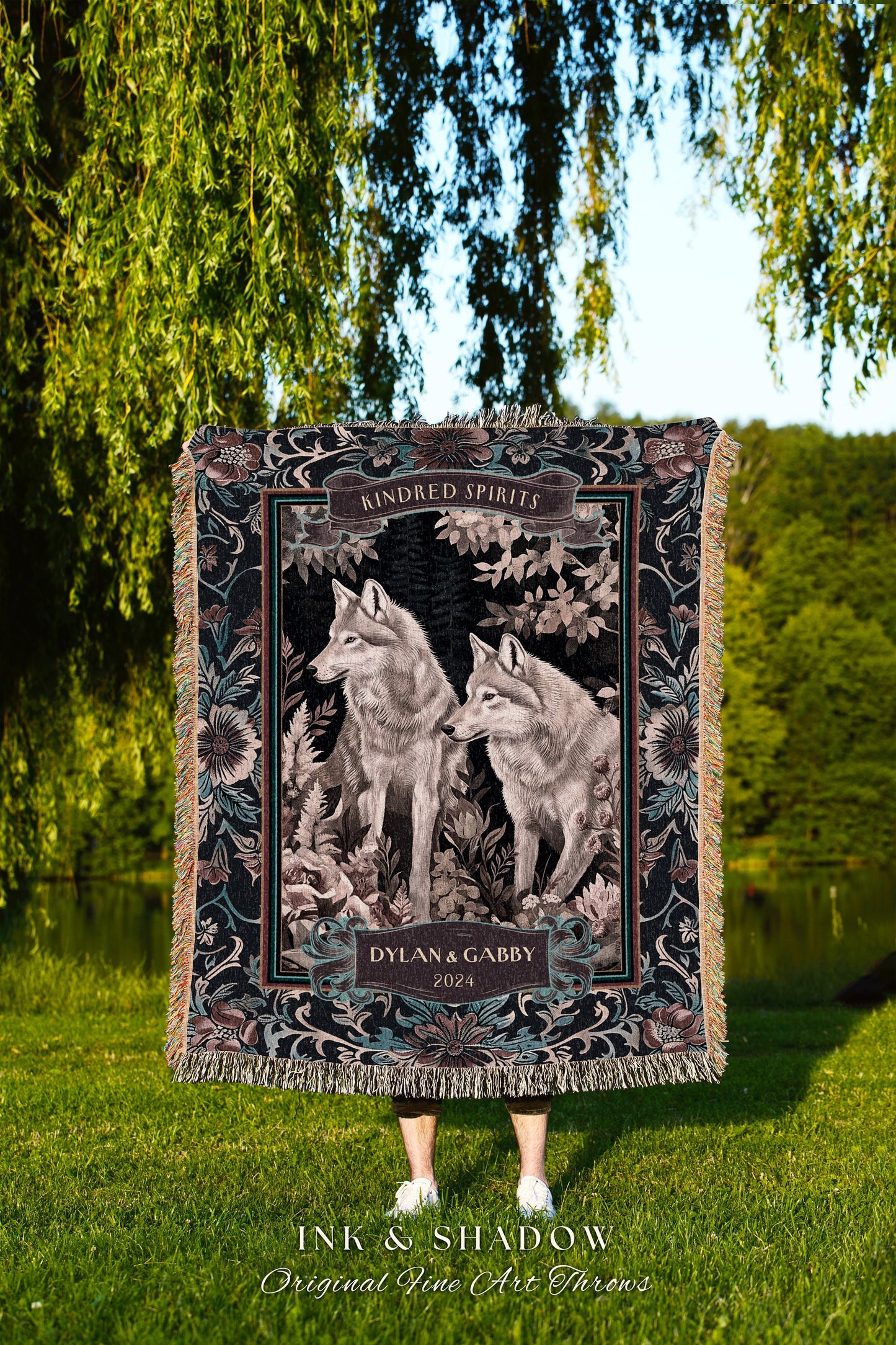 Woven Cotton Anniversary Blanket Custom | Ethereal Woodland Wolf Couple Throw Dark Cottagecore Aesthetic Cozy Woodland Gothic Couple Gift |