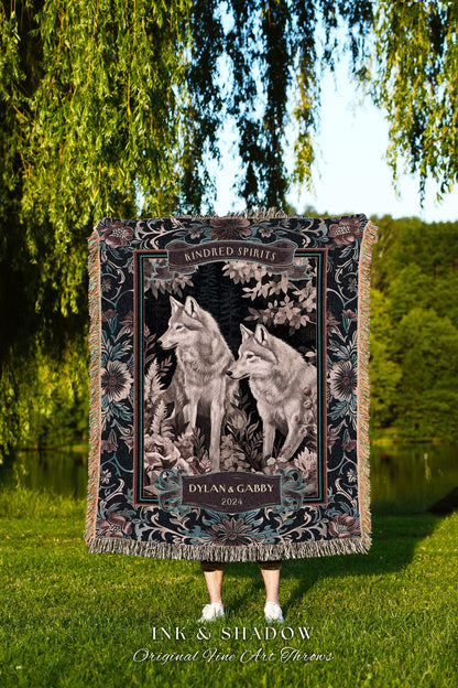 Woven Cotton Anniversary Blanket Custom | Ethereal Woodland Wolf Couple Throw Dark Cottagecore Aesthetic Cozy Woodland Gothic Couple Gift |