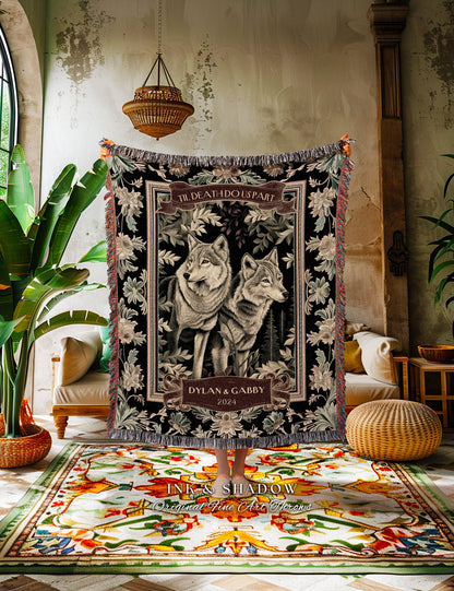 Victorian Gothic Wolf Couple Cozy Blanket | Personalized Anniversary Gift Throw Blanket Dark Cottagecore Wedding Gift for Dating Couple Cute