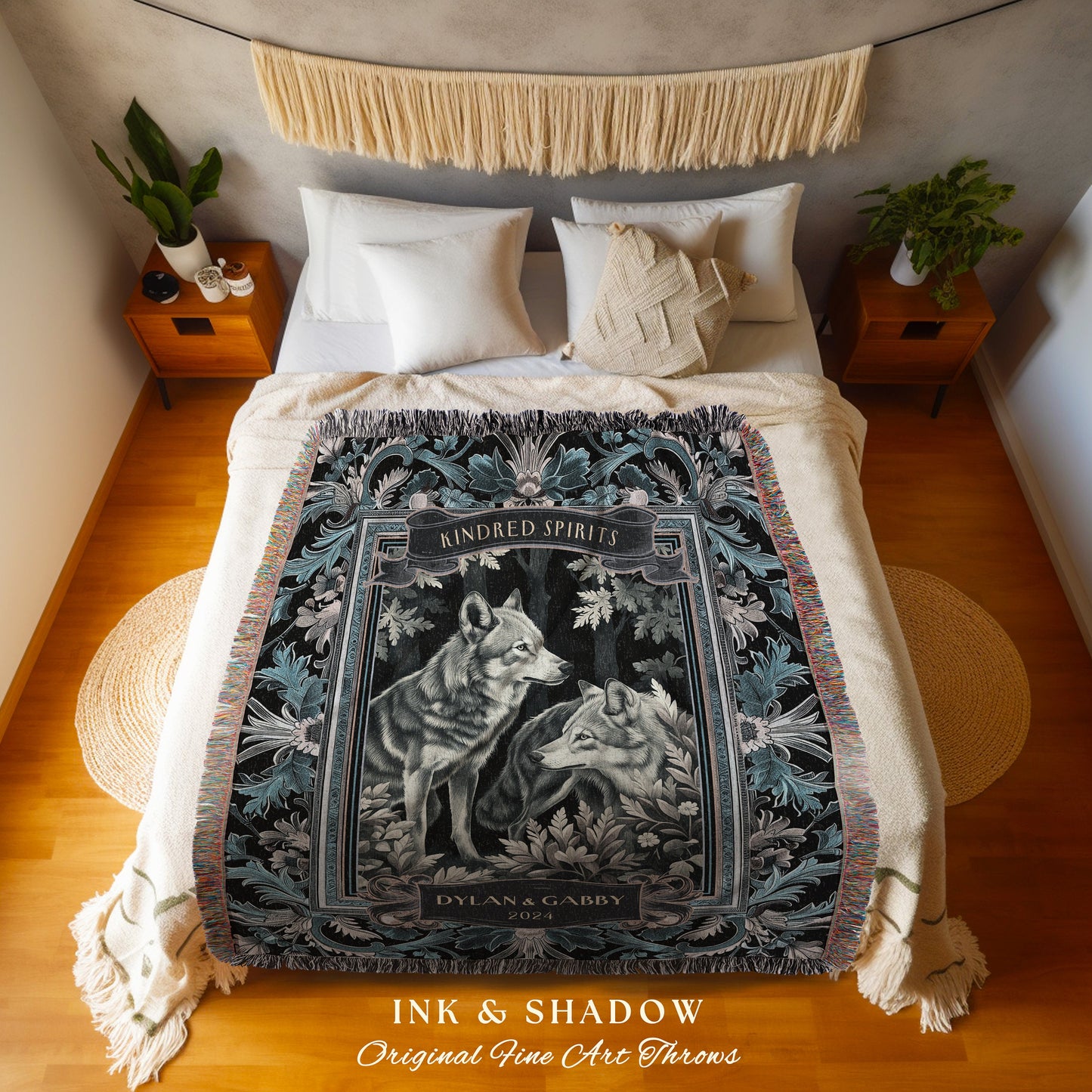 Misty Blue Wolf Couple Personalized Tapestry | Woodland Gothic Wolf Lover Custom Throw Blanket Dark Floral Aesthetic Anniversary Cute Gift |