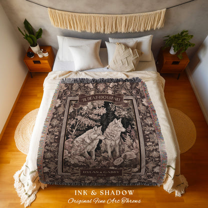 Wolf Lovers Custom Anniversary Blanket | Cottagecore Woodland Wolf Couple Throw Dark Floral Aesthetic Cozy Woodland Gothic Couple Gifts |