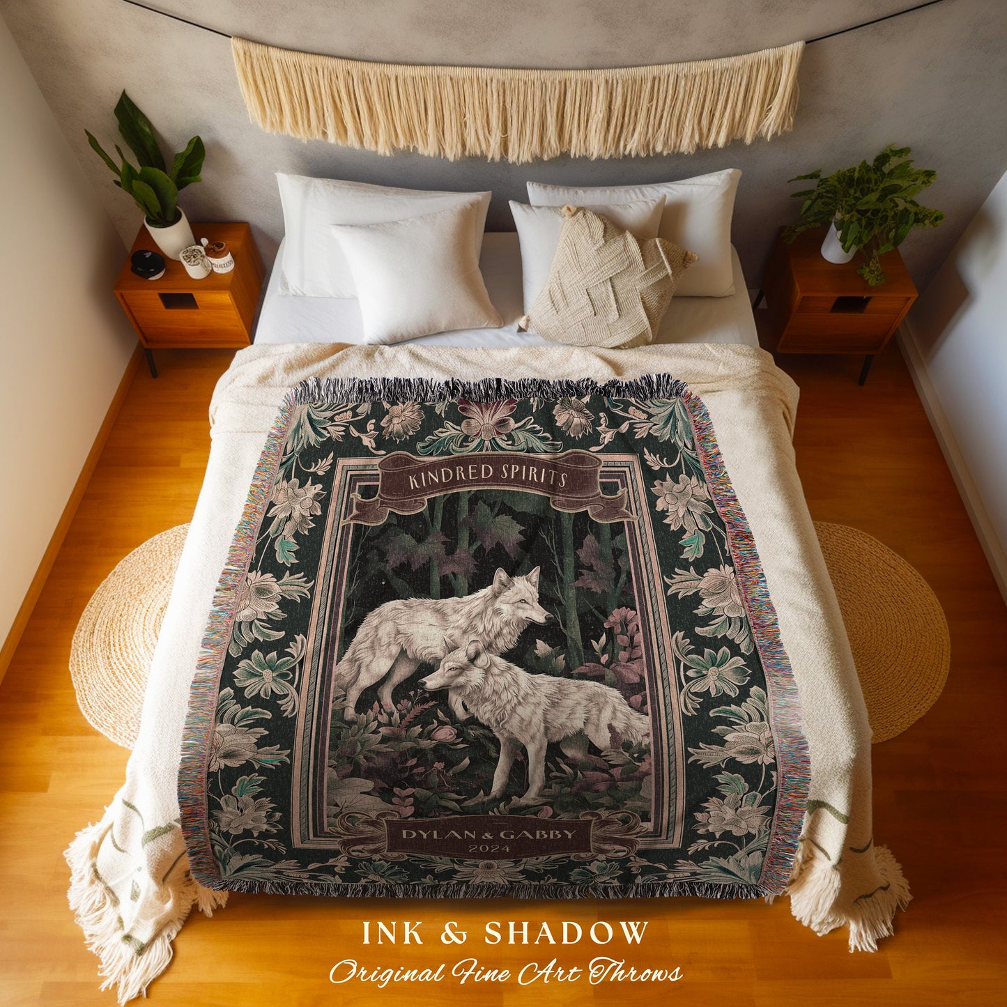 Playful Wolves Custom Couple Woven Tapestry | Woodland Gothic Wolf Lover Custom Tapestry Blanket Dark Academia Aesthetic Anniversary Cute |