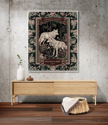 Playful Wolves Custom Couple Woven Tapestry | Woodland Gothic Wolf Lover Custom Tapestry Blanket Dark Academia Aesthetic Anniversary Cute |