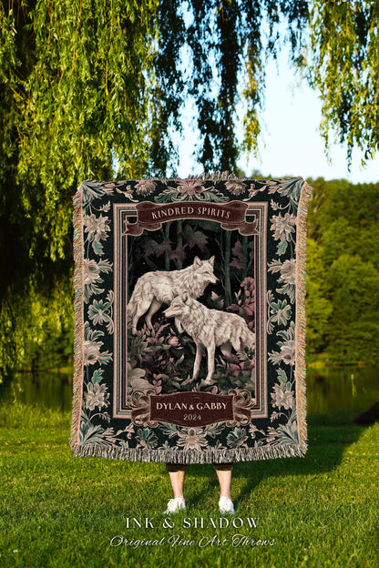 Playful Wolves Custom Couple Woven Tapestry | Woodland Gothic Wolf Lover Custom Tapestry Blanket Dark Academia Aesthetic Anniversary Cute |