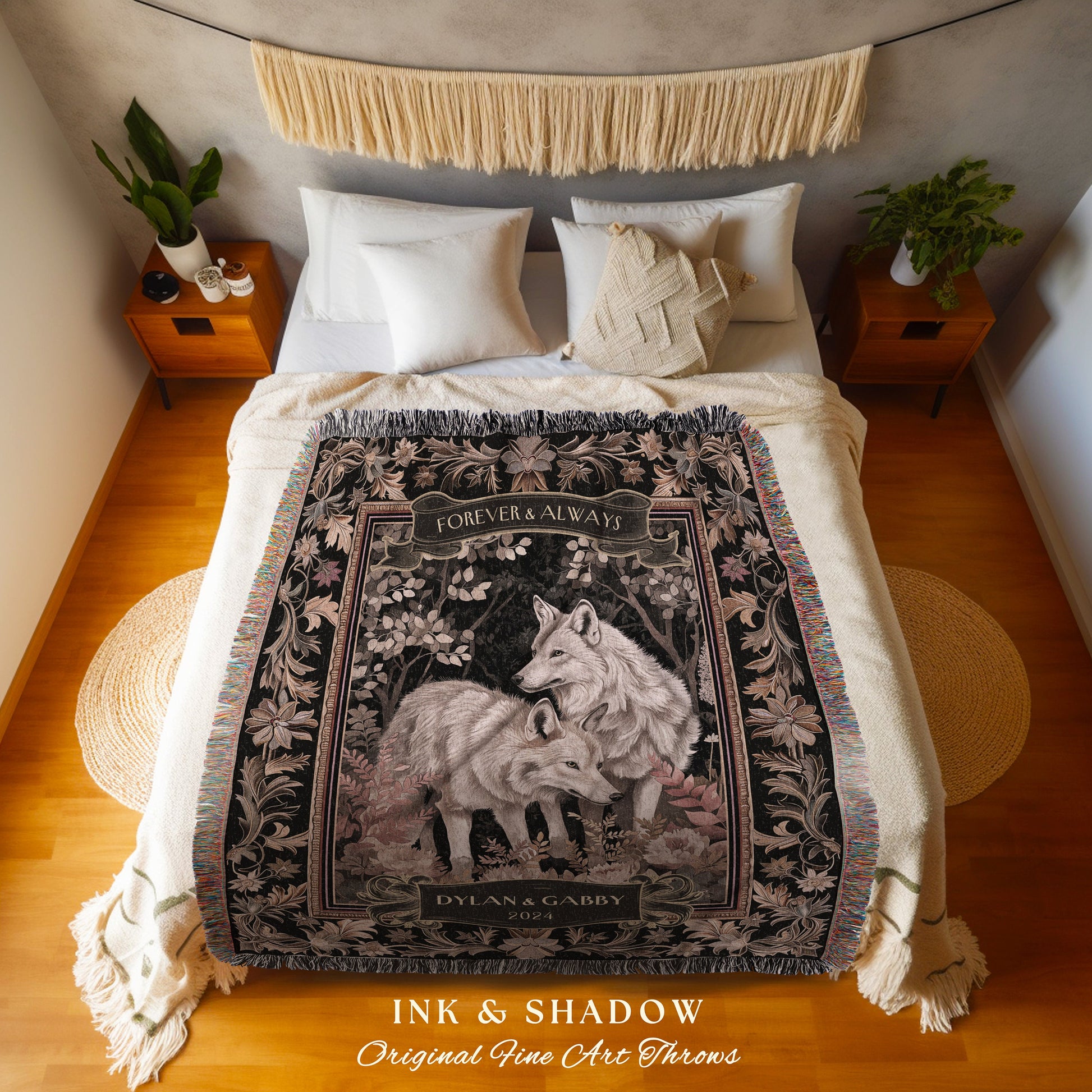 Renaissance Wedding Tapestry Custom Name Gift | Mystic Wolf Couple Woven Throw Dark Cottagecore Aesthetic Cozy Woodland Gothic Couple Gift |