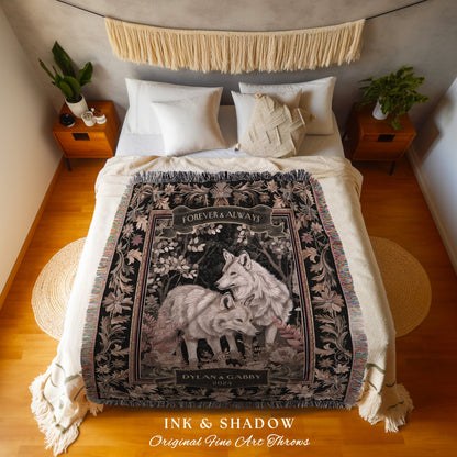 Renaissance Wedding Tapestry Custom Name Gift | Mystic Wolf Couple Woven Throw Dark Cottagecore Aesthetic Cozy Woodland Gothic Couple Gift |