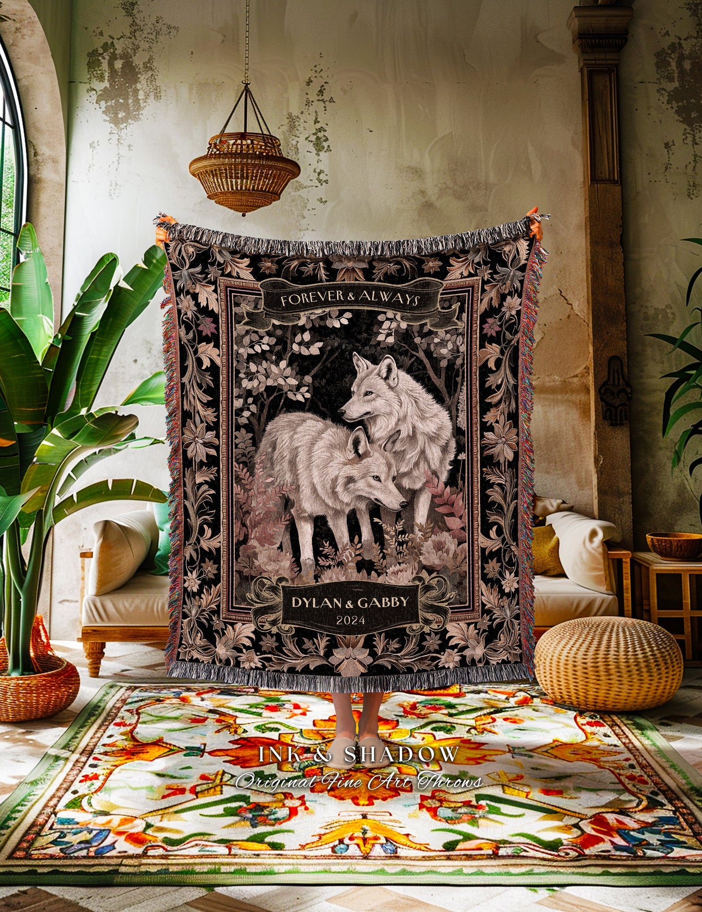 Renaissance Wedding Tapestry Custom Name Gift | Mystic Wolf Couple Woven Throw Dark Cottagecore Aesthetic Cozy Woodland Gothic Couple Gift |