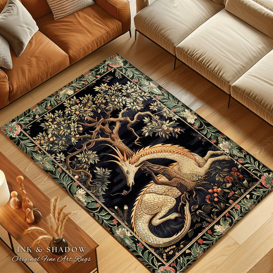 Dark Academia Dragon Area Rug | Medieval Folklore Room Decor Fairytale Inspired DnD Gift Dark Cottagecore Fairycore Mystical Game Room Rug |