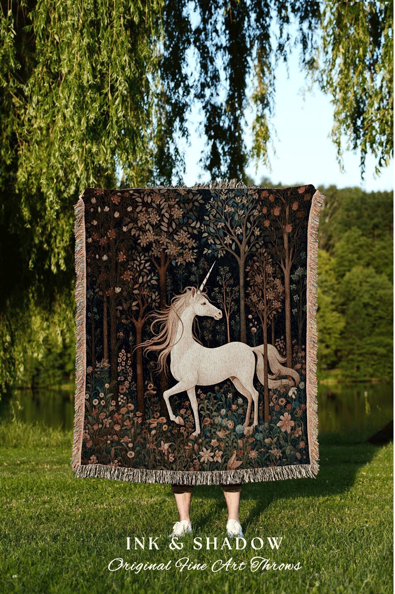 Medieval Unicorn Woven Throw Blanket | Baroque Art Blanket Woven Tapestry William Morris Style Woodland Goth Decor Mystic Unicorn Blanket |