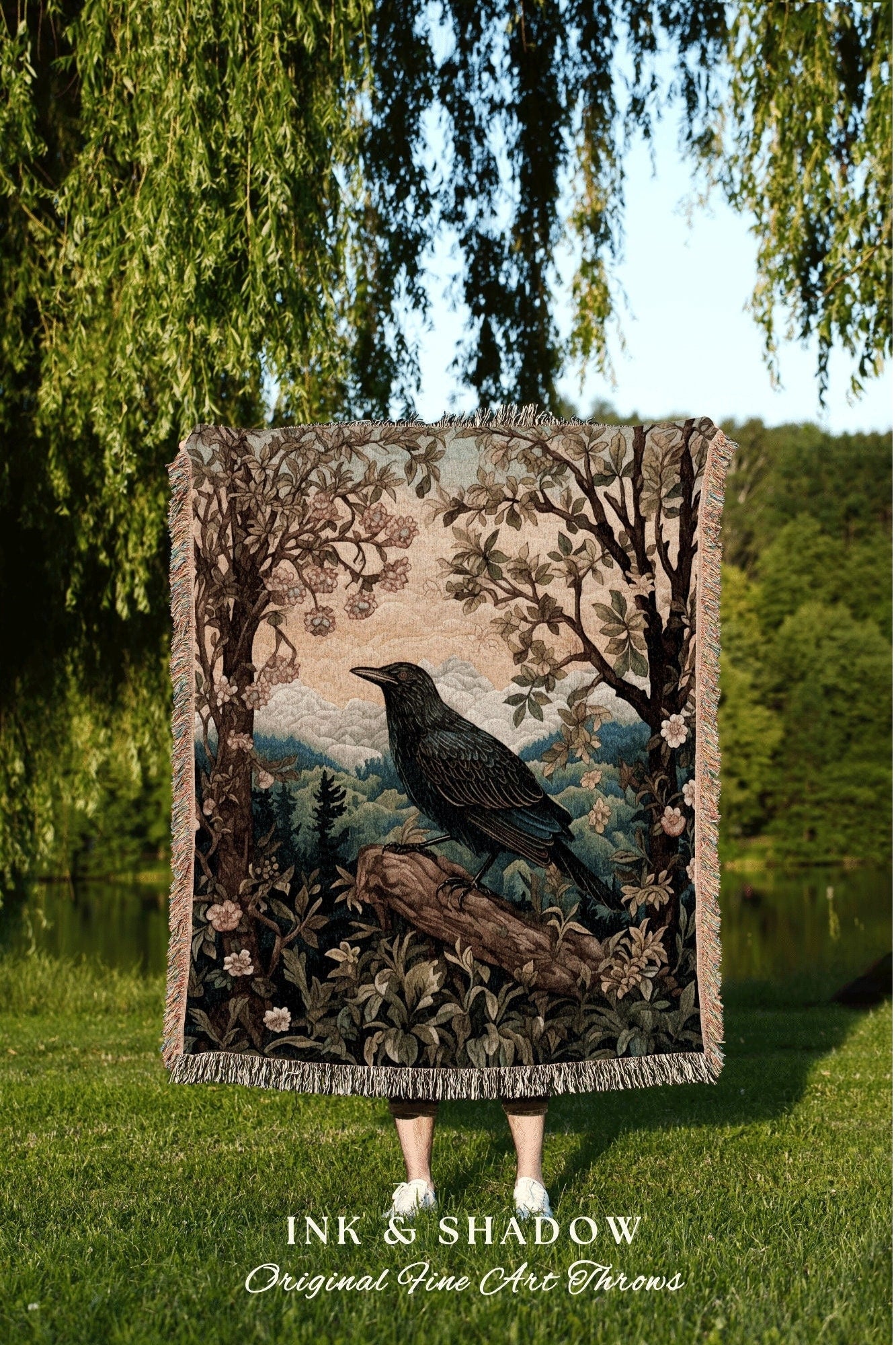 Dark Landscape Crow Blanket | Crowcore William Morris Style Witchy Decor Bedroom Landscape Tapestry Cottagegoth Woodland Room Decor Witchy |