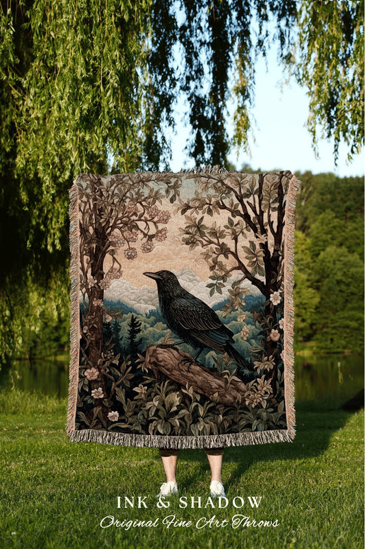 Dark Landscape Crow Blanket | Crowcore William Morris Style Witchy Decor Bedroom Landscape Tapestry Cottagegoth Woodland Room Decor Witchy |