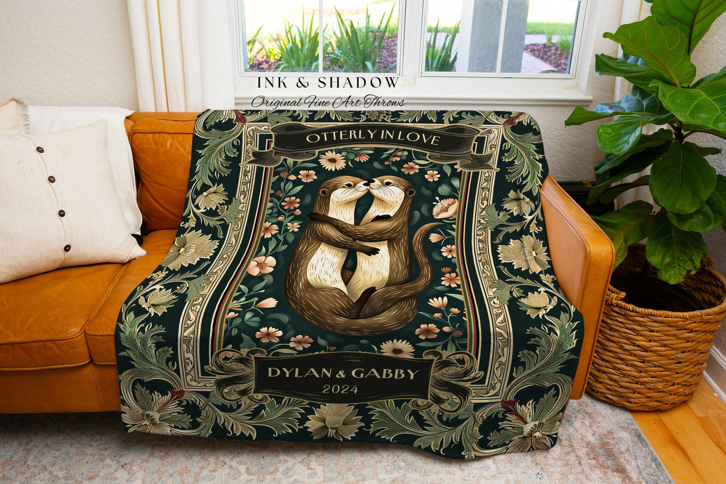 Dark Sage Green Otter Blanket Personalized | Significant Otters Gift for Partner Custom Throw Woven Tapestry Girlfriend Anniversary Cute |