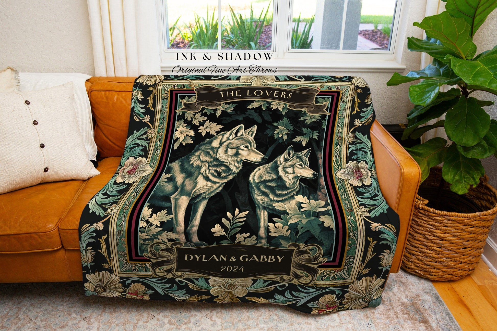 Dark Floral Wolf Couple Blanket 'The Lovers' | Personalized Tapestry Meaningful Throw Blanket Dark Cottagecore Gift Outdoorsy Couple Cute |