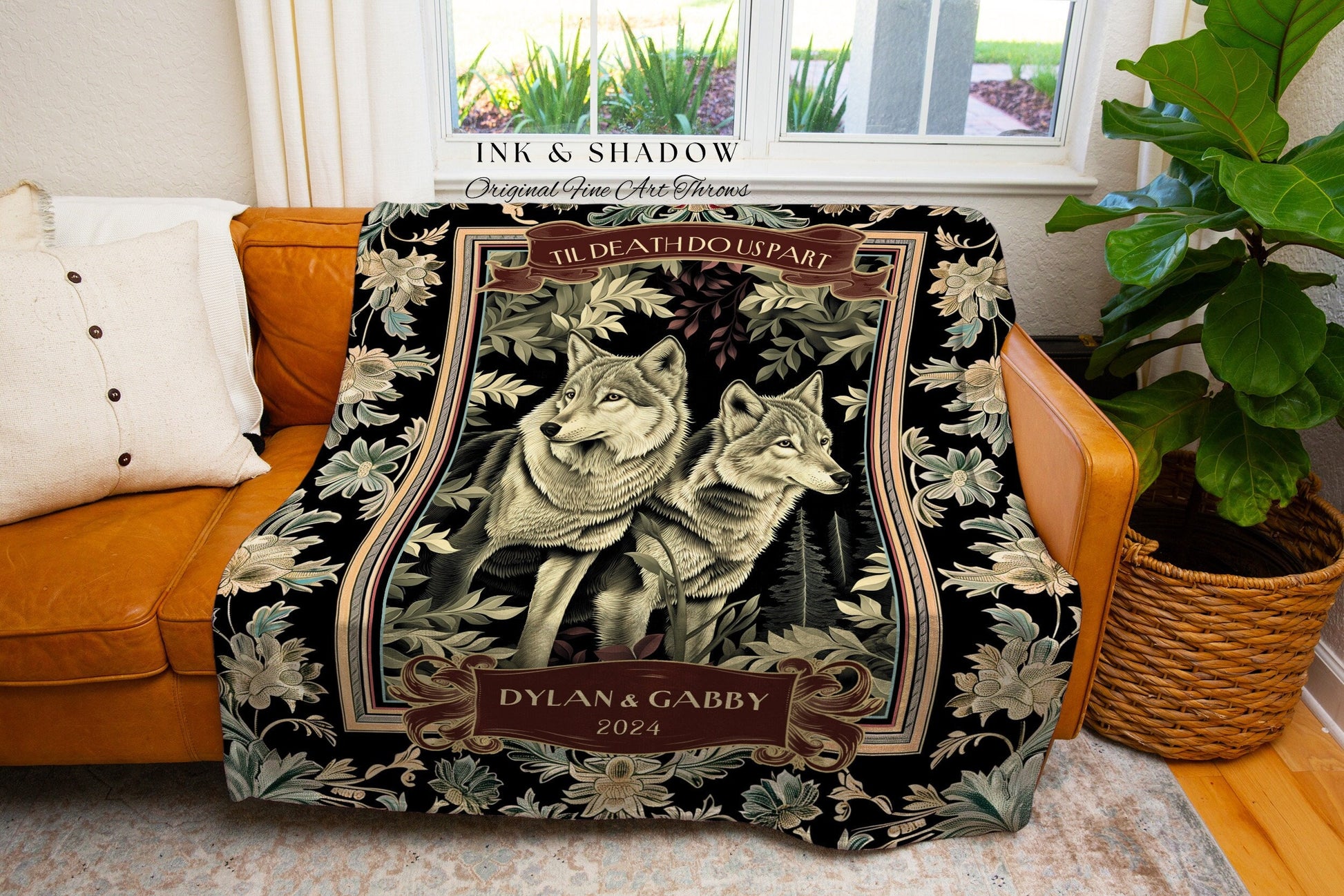 Victorian Gothic Wolf Couple Cozy Blanket | Personalized Anniversary Gift Throw Blanket Dark Cottagecore Wedding Gift for Dating Couple Cute