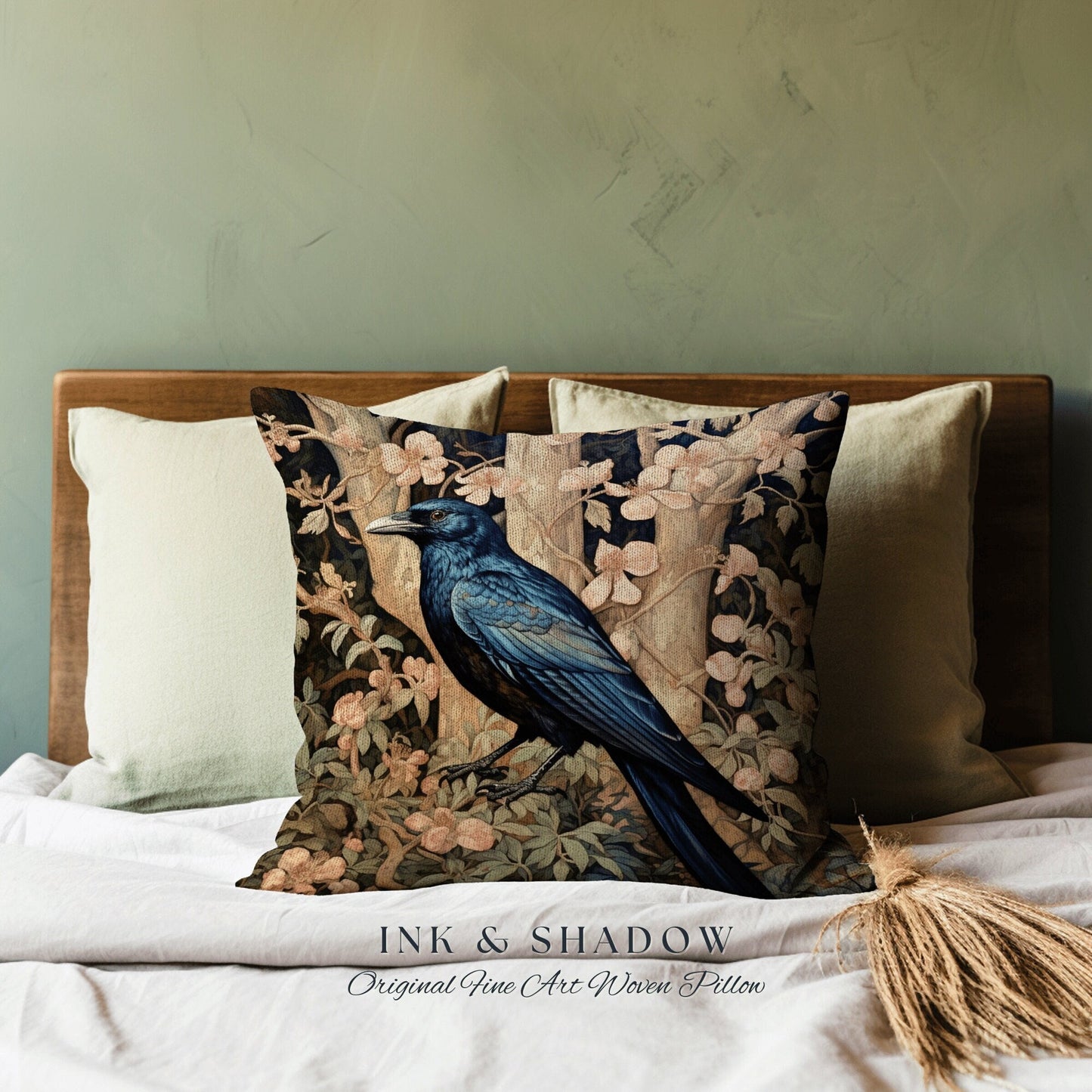 Raven Aesthetic Accent Pillow | Dark Crowcore William Morris Inspired Pillow Aesthetic Medieval Woven Pillow Victorian Gothic Botanical