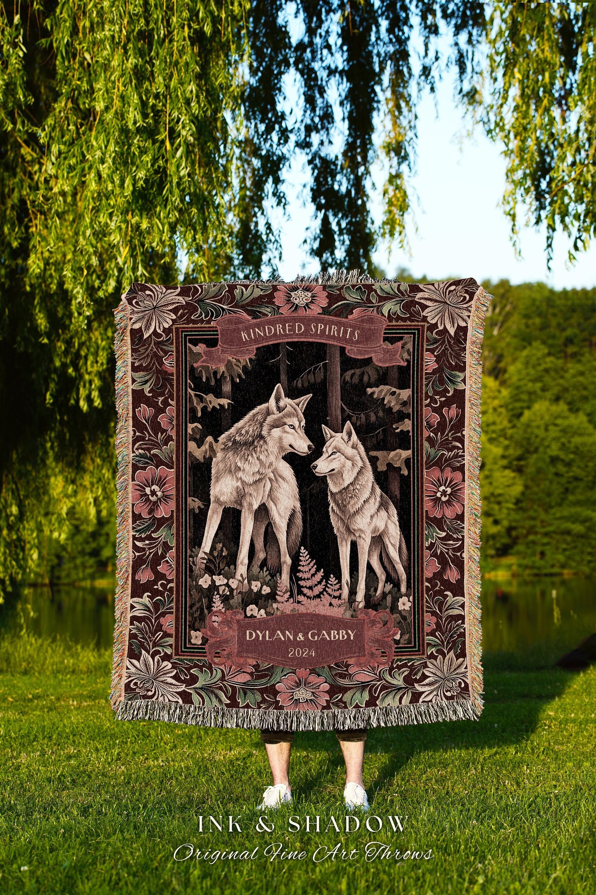 Burgundy Wedding Blanket Custom Wolf Couple | Woven Wedding Tapestry Cottagecore Throw Sentimental Cozy Aesthetic Woodland Gothic Couple |