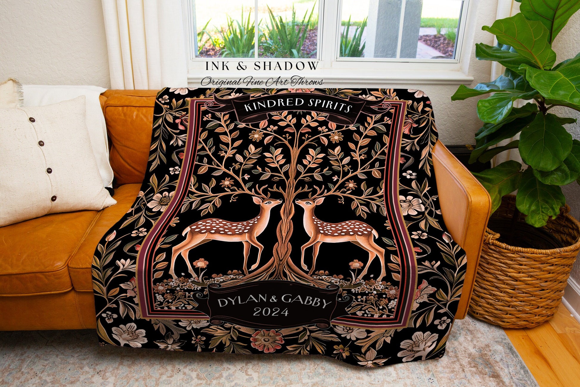 Medieval Folklore Deer Couple Blanket | Personalized Ethereal Deer Magical Aesthetic Cottagecore Anniversary Tapestry Woven Throw Whimsical