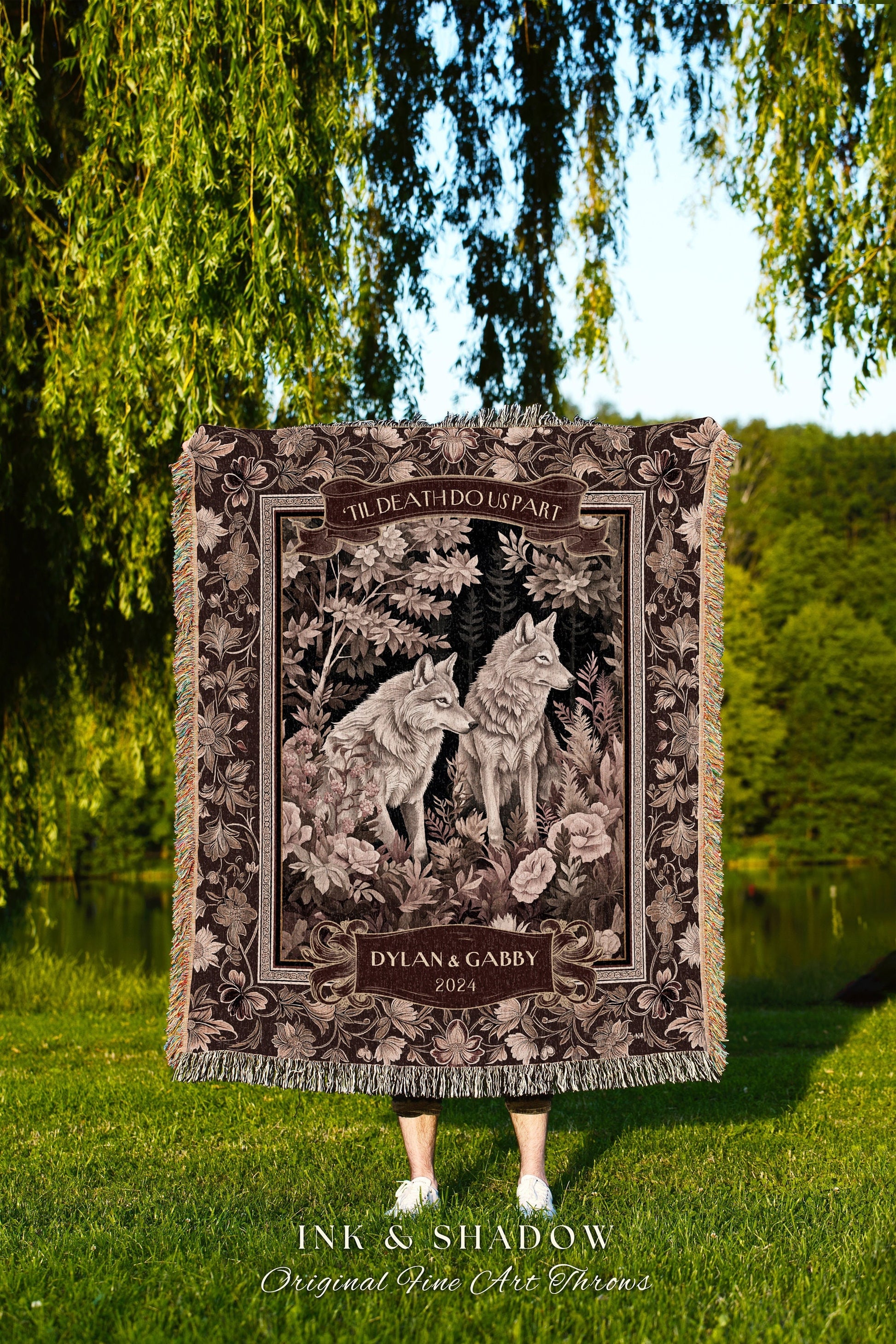 Wolf Lovers Custom Anniversary Blanket | Cottagecore Woodland Wolf Couple Throw Dark Floral Aesthetic Cozy Woodland Gothic Couple Gifts |