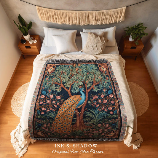 Maximalist Peacock Blanket Cozy | Woodland Folklore Aesthetic Throw Blanket Woven Tapestry William Morris Style Decor Dark Cottagecore |