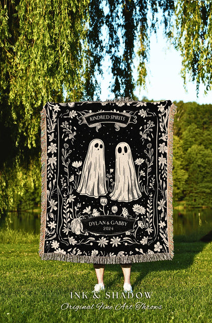 Cozy Folklore Ghost Couple Blanket | Personalized Dark Cottagecore Custom Ghost Lovers Tapestry Woven Throw His & Her Gift for Wife Cute |