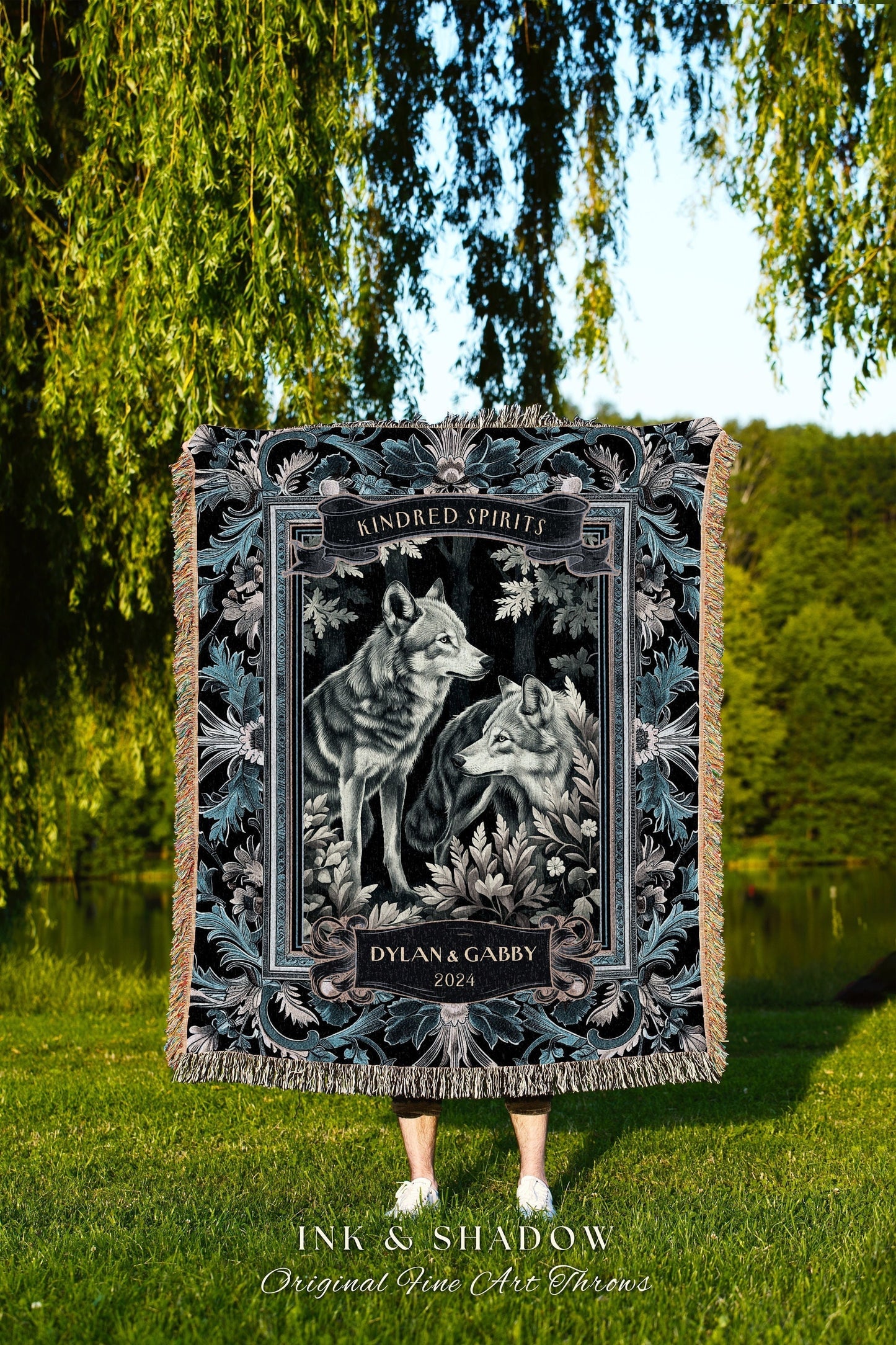 Misty Blue Wolf Couple Personalized Tapestry | Woodland Gothic Wolf Lover Custom Throw Blanket Dark Floral Aesthetic Anniversary Cute Gift |