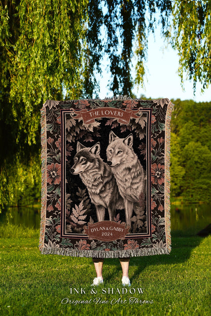 Floral Renaissance Wolf Couple Woven Throw | Victorian Gothic Wolf Lover Custom Tapestry Blanket Dark Woodland Aesthetic Anniversary Gift |