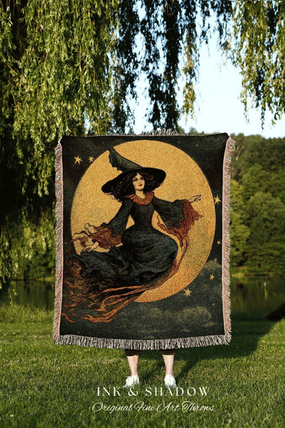 Spooky Halloween Witch Tapestry Woven Blanket Halloween Vintage Aesthetic | Witchy Decor Goth Aesthetic Halloween Spooky | Halloween Vintage