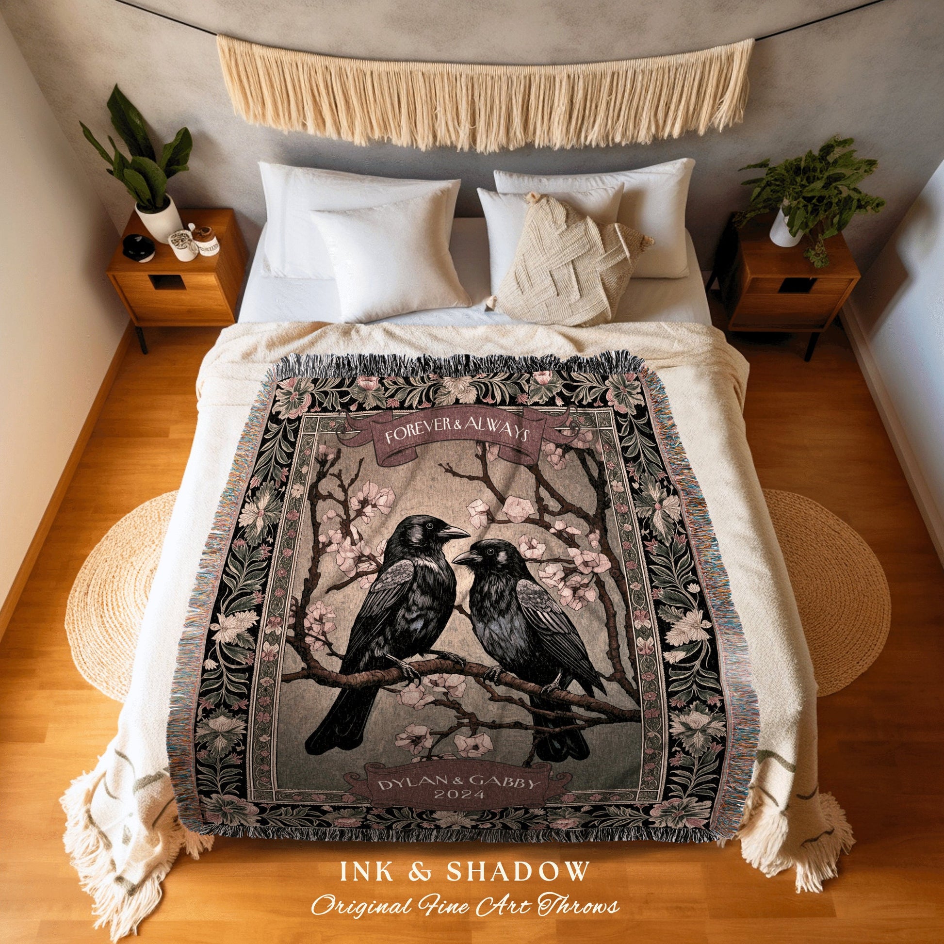 Cherry Blossom Romantic Couple Blanket | Crow Core Couple Dark Academia Aesthetic Woven Throw Custom Dating Gift Goth Tapestry Witchy Decor