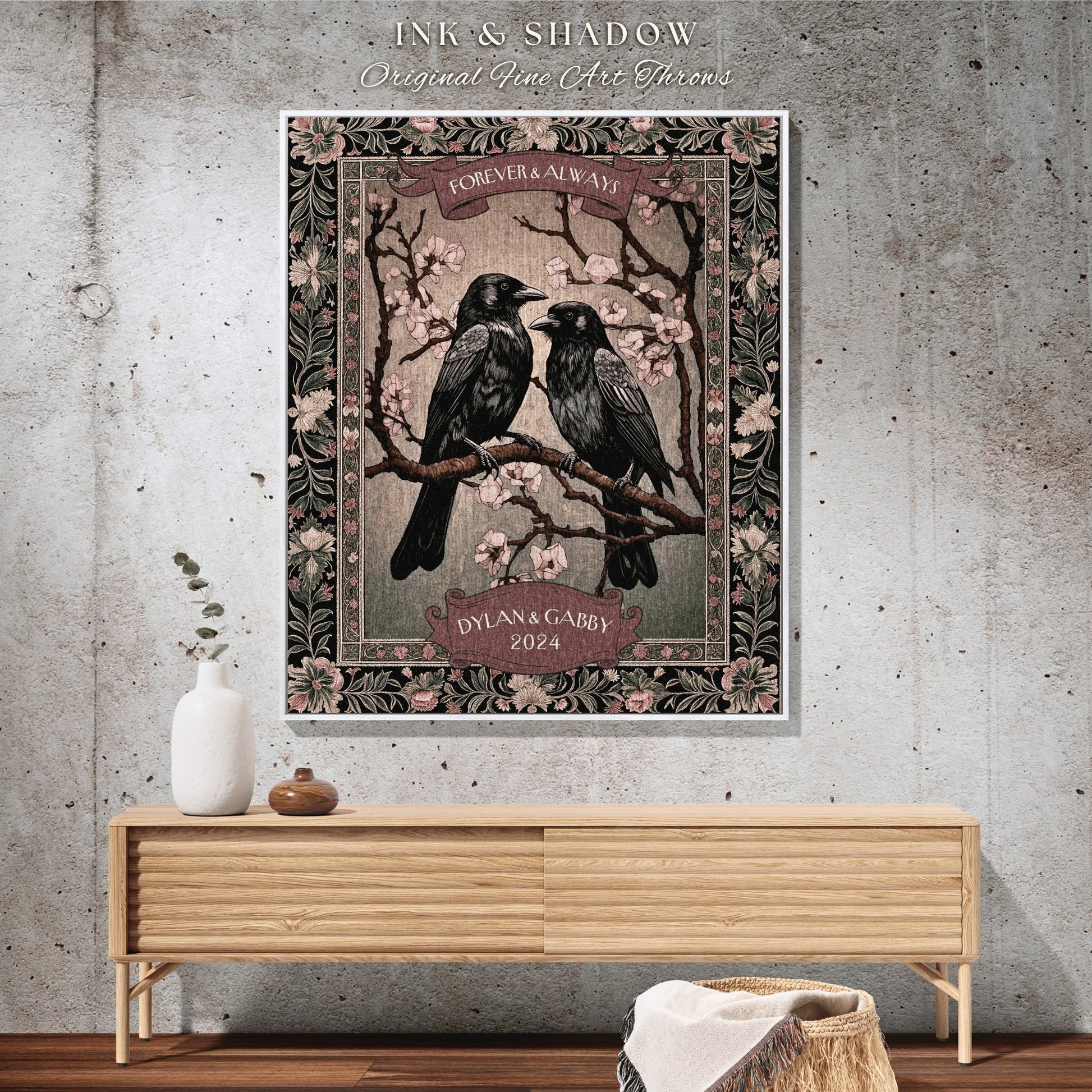 Cherry Blossom Romantic Couple Blanket | Crow Core Couple Dark Academia Aesthetic Woven Throw Custom Dating Gift Goth Tapestry Witchy Decor