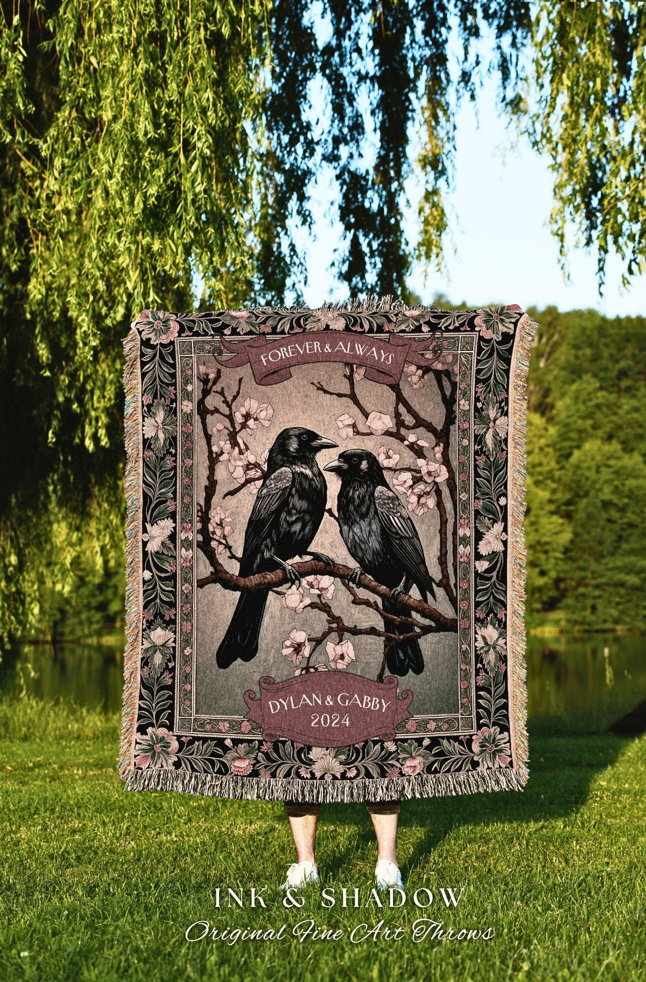 Cherry Blossom Romantic Couple Blanket | Crow Core Couple Dark Academia Aesthetic Woven Throw Custom Dating Gift Goth Tapestry Witchy Decor