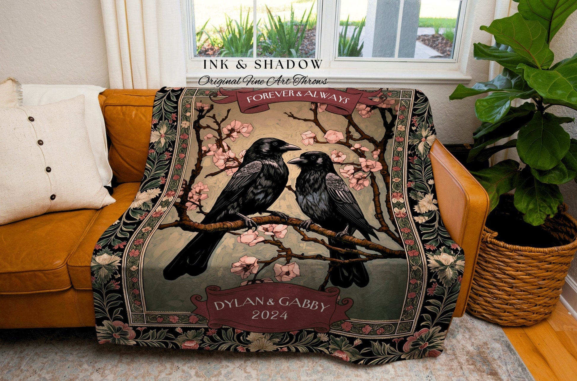 Cherry Blossom Romantic Couple Blanket | Crow Core Couple Dark Academia Aesthetic Woven Throw Custom Dating Gift Goth Tapestry Witchy Decor