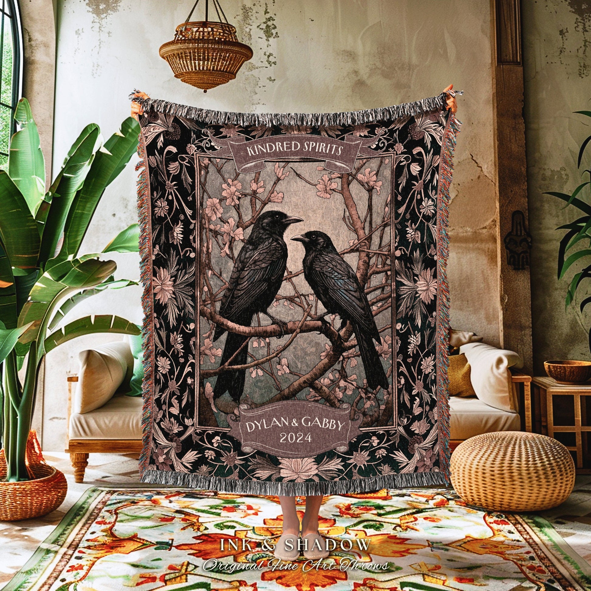 Cozy Couple Throw Blanket Custom | Crow Core Couple Dark Academia Aesthetic Woven Throw Custom Name Gift for Girlfriend Tapestry Witchy |