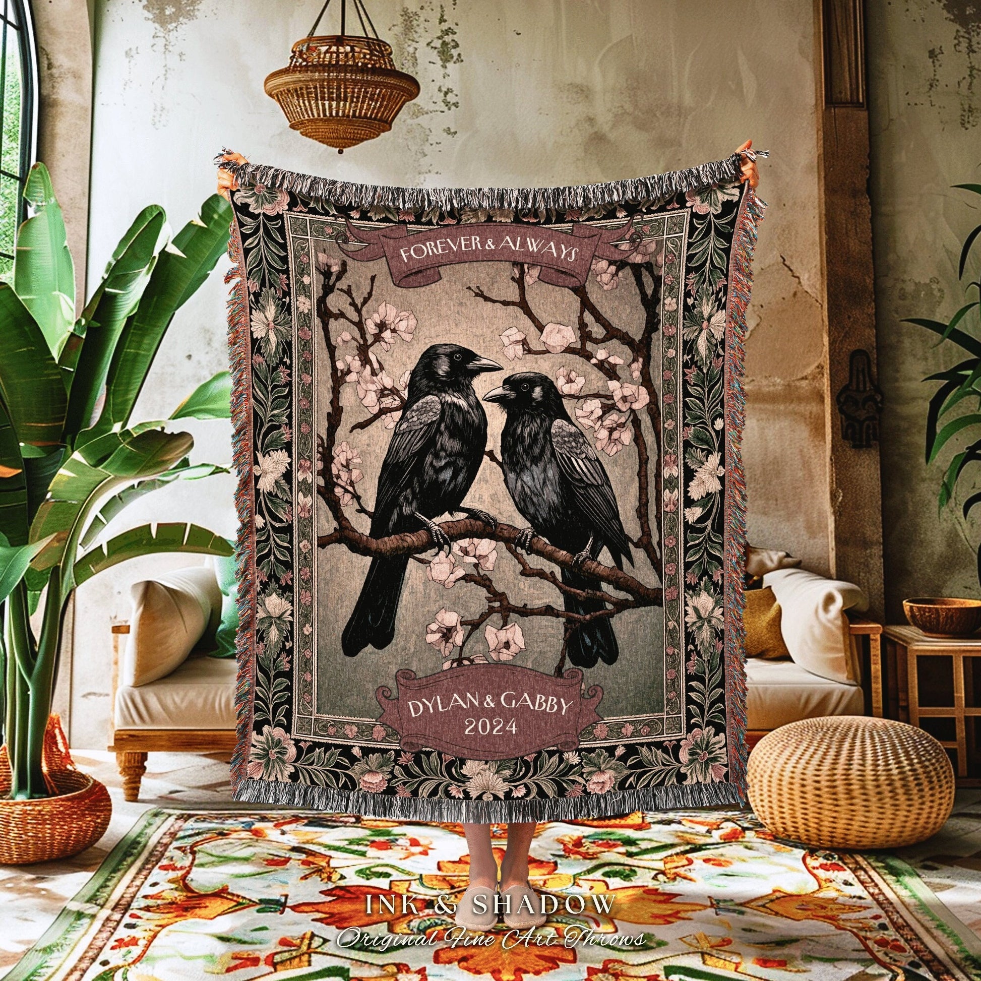 Cherry Blossom Romantic Couple Blanket | Crow Core Couple Dark Academia Aesthetic Woven Throw Custom Dating Gift Goth Tapestry Witchy Decor