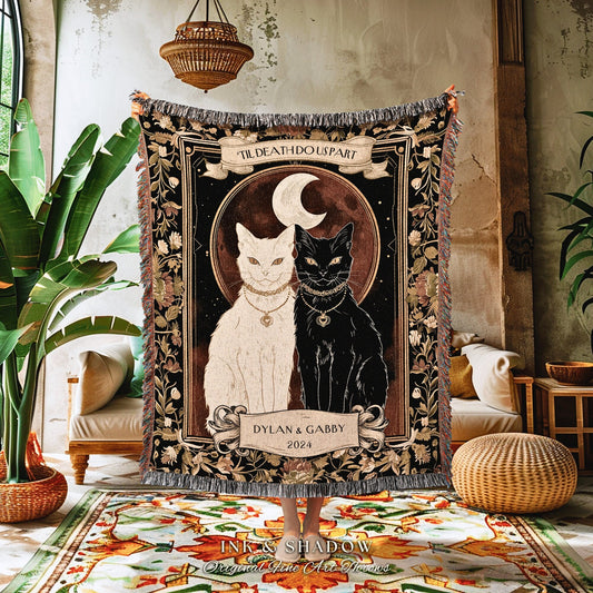 Mystic Cat Couple Woven Blanket | Witchy Aesthetic Woven Throw Custom Mr & Mrs Gift for Cat Lover Personalized Dark Academia Style Ethereal