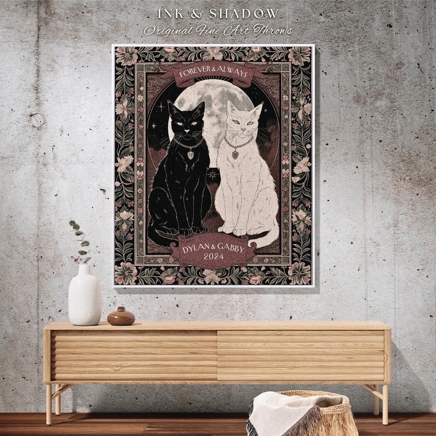 Ethereal Cat Lover Woven Throw | Witchy Aesthetic Woven Throw Custom His & Hers Gift for Cat Mom Personalized Dark Academia Tarot Style |