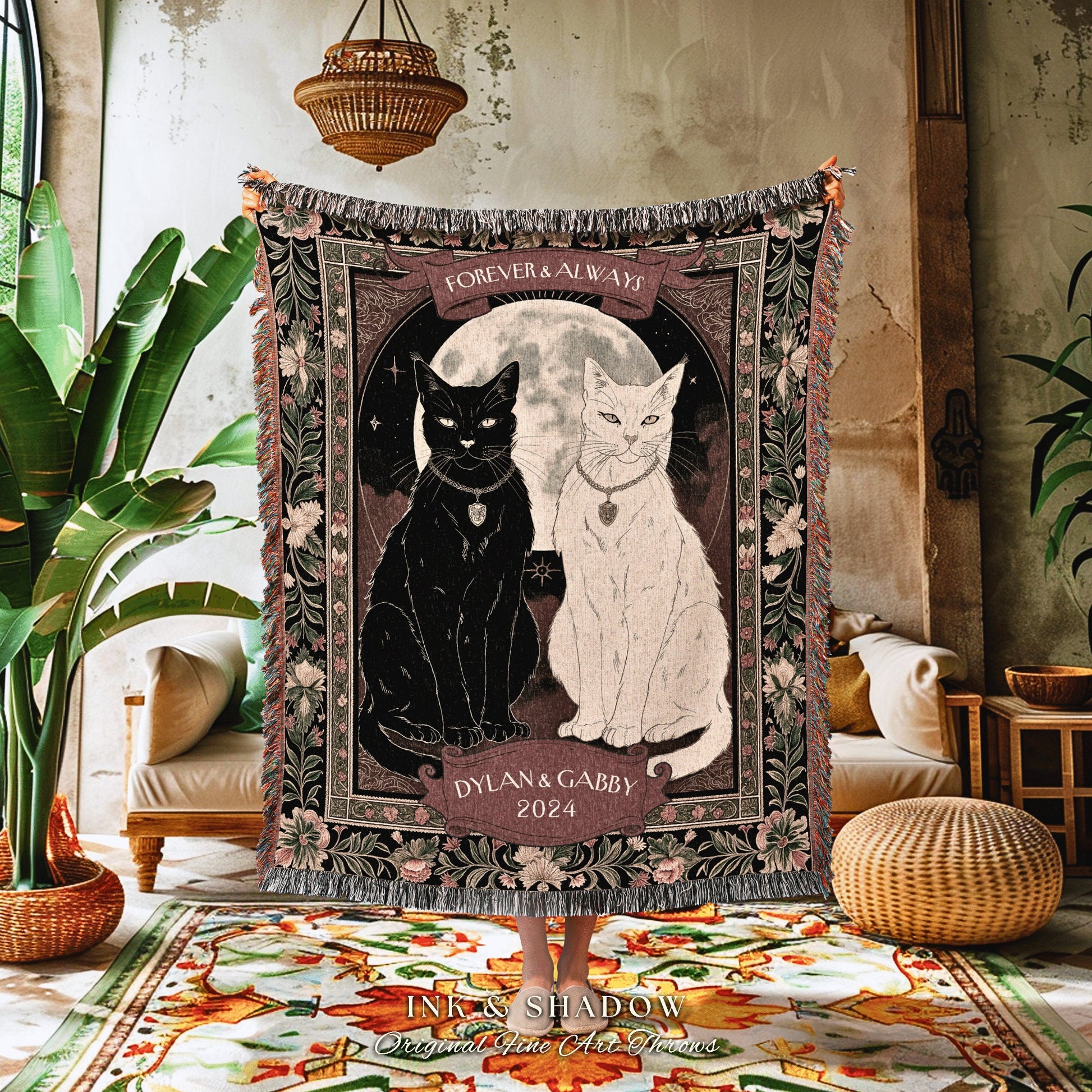 Ethereal Cat Lover Woven Throw | Witchy Aesthetic Woven Throw Custom His & Hers Gift for Cat Mom Personalized Dark Academia Tarot Style |