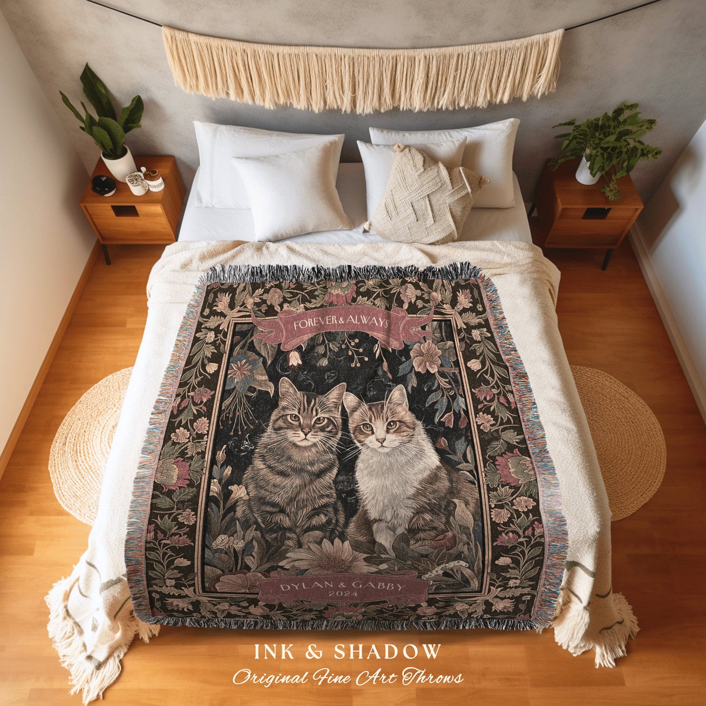 Victorian Gothic Cat Couple Blanket Floral Cottagecore Woven Throw Custom Girlfriend Gift for Cat Lover Personalized Dark Academia Tapestry