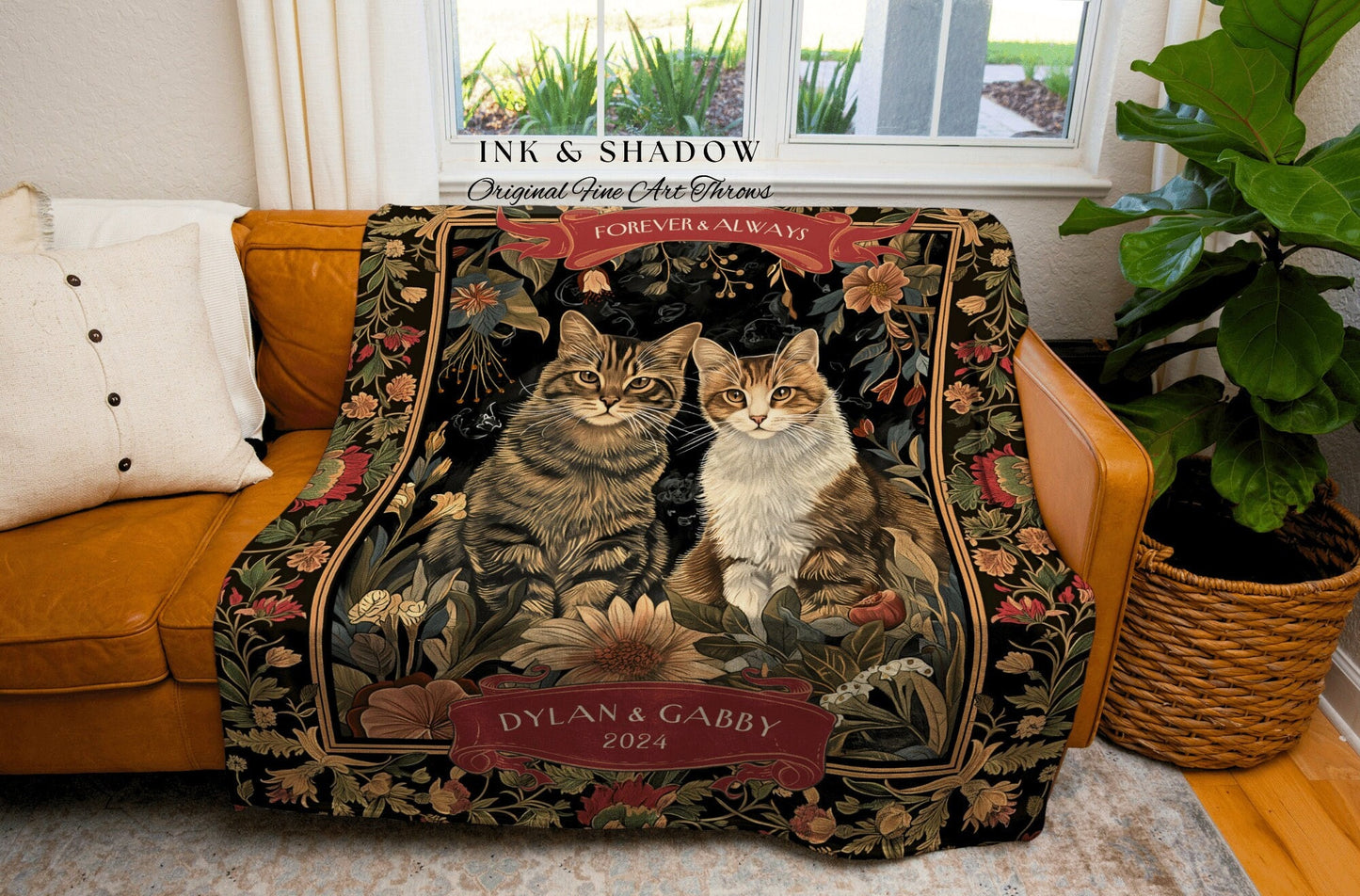 Victorian Gothic Cat Couple Blanket Floral Cottagecore Woven Throw Custom Girlfriend Gift for Cat Lover Personalized Dark Academia Tapestry