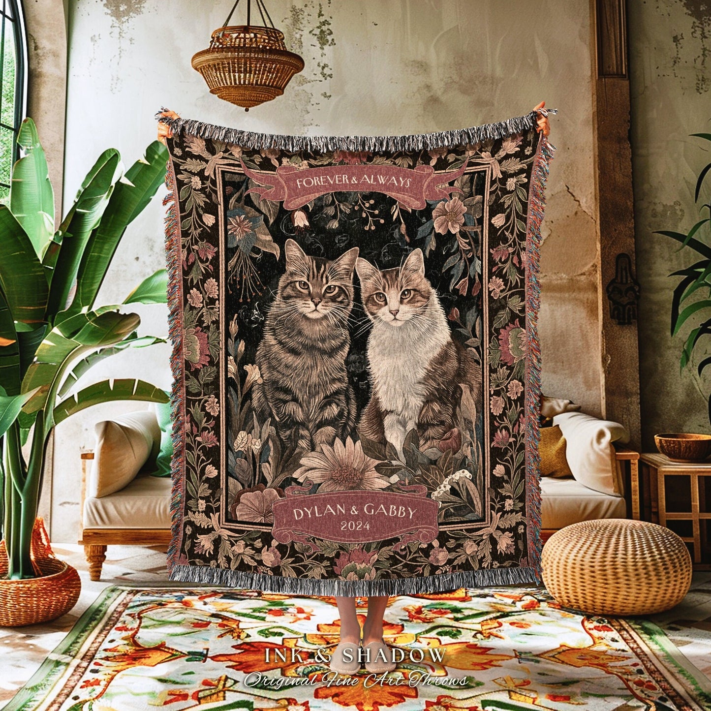 Victorian Gothic Cat Couple Blanket Floral Cottagecore Woven Throw Custom Girlfriend Gift for Cat Lover Personalized Dark Academia Tapestry