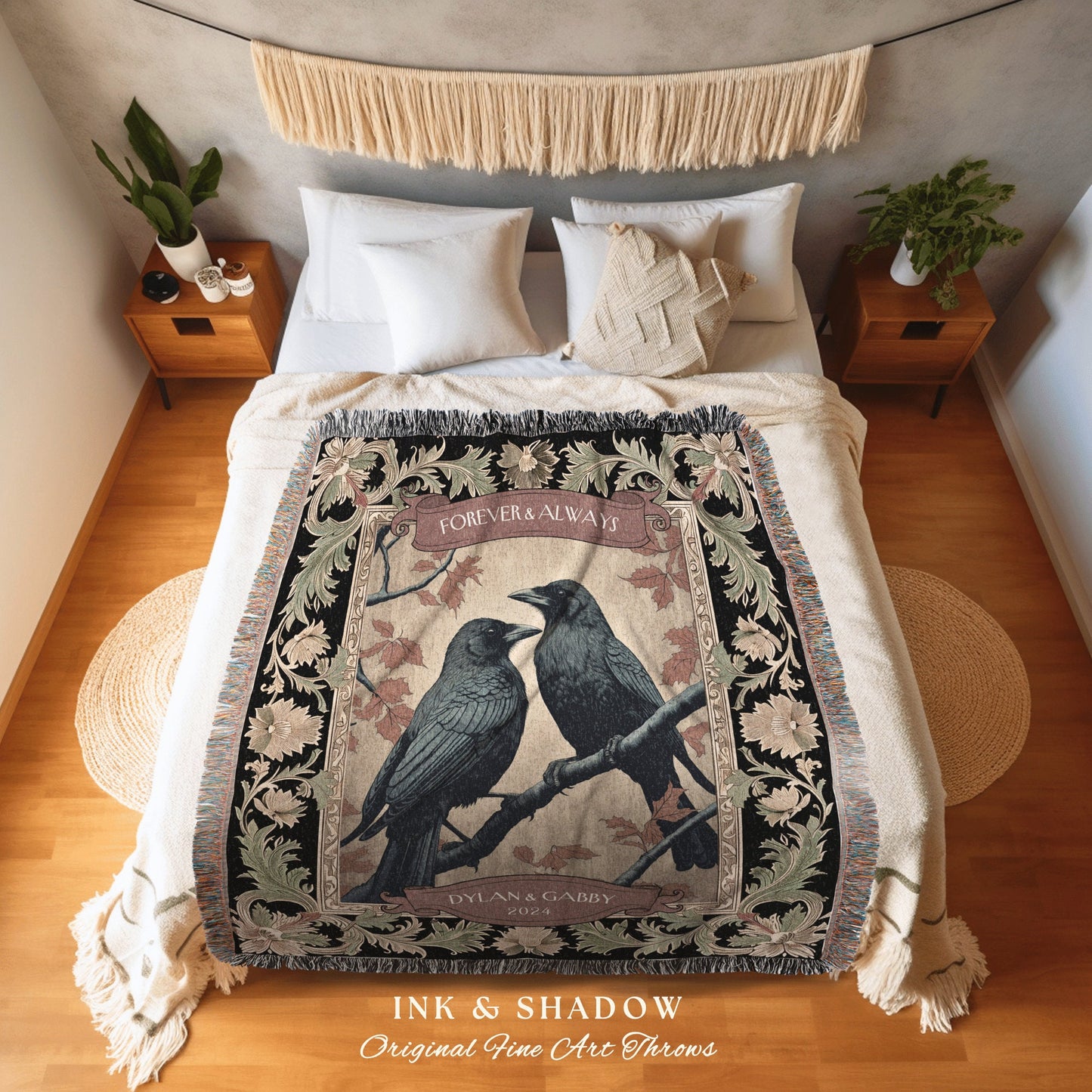 Dark Academia Crow Couple Cozy Throw | Crow Core Aesthetic Witchy Blanket Woven Custom Name Gift Tapestry Victorian Gothic Dark Floral |