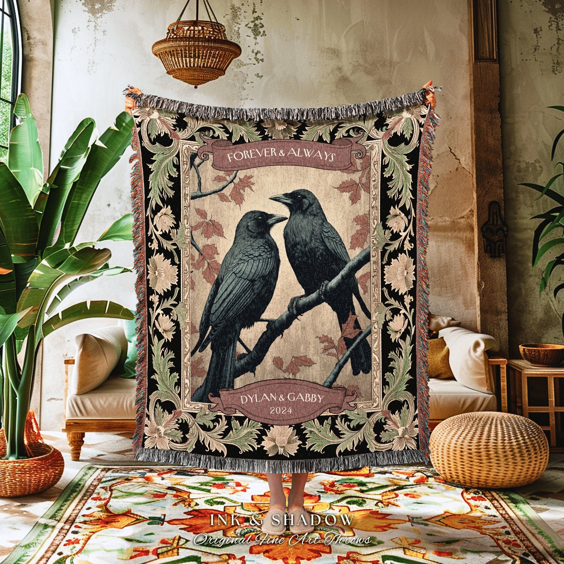 Dark Academia Crow Couple Cozy Throw | Crow Core Aesthetic Witchy Blanket Woven Custom Name Gift Tapestry Victorian Gothic Dark Floral |