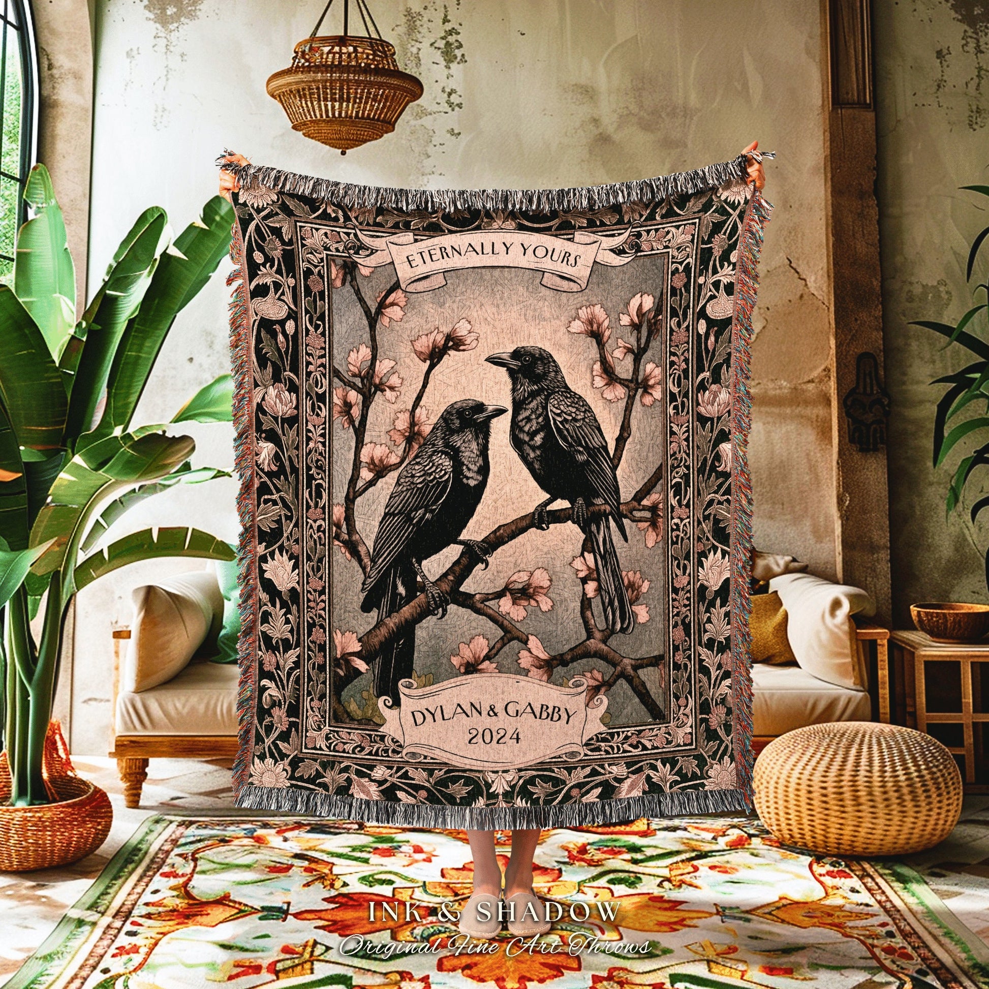 Floral Raven Couple Personalized Blanket | Crow Core Couple Dark Academia Aesthetic Woven Throw Custom Name Gift Tapestry Whimsical Decor |