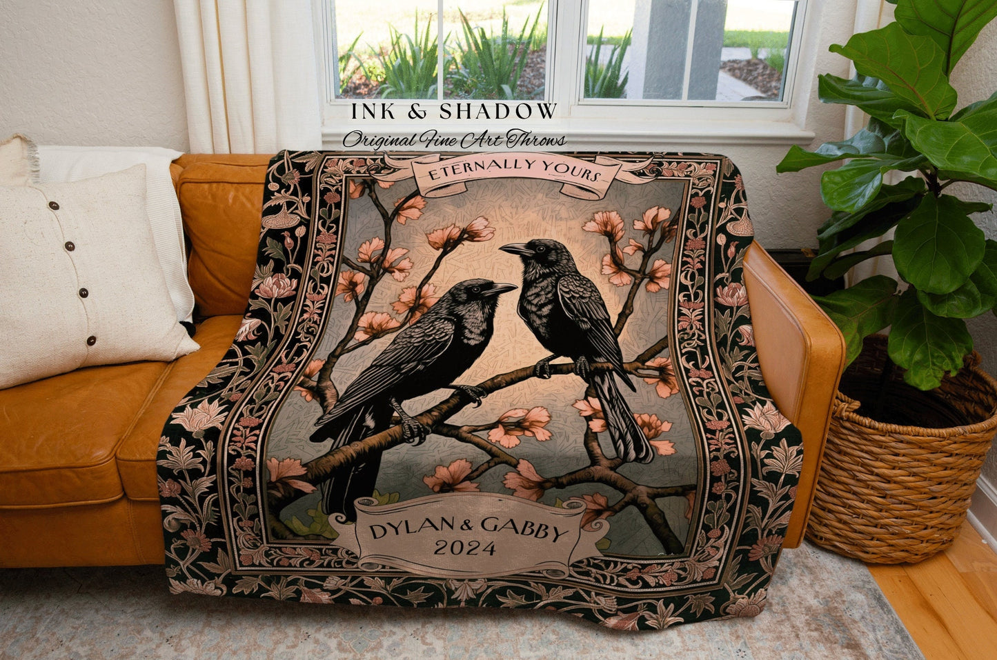 Floral Raven Couple Personalized Blanket | Crow Core Couple Dark Academia Aesthetic Woven Throw Custom Name Gift Tapestry Whimsical Decor |