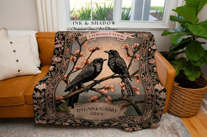 Floral Raven Couple Personalized Blanket | Crow Core Couple Dark Academia Aesthetic Woven Throw Custom Name Gift Tapestry Whimsical Decor |